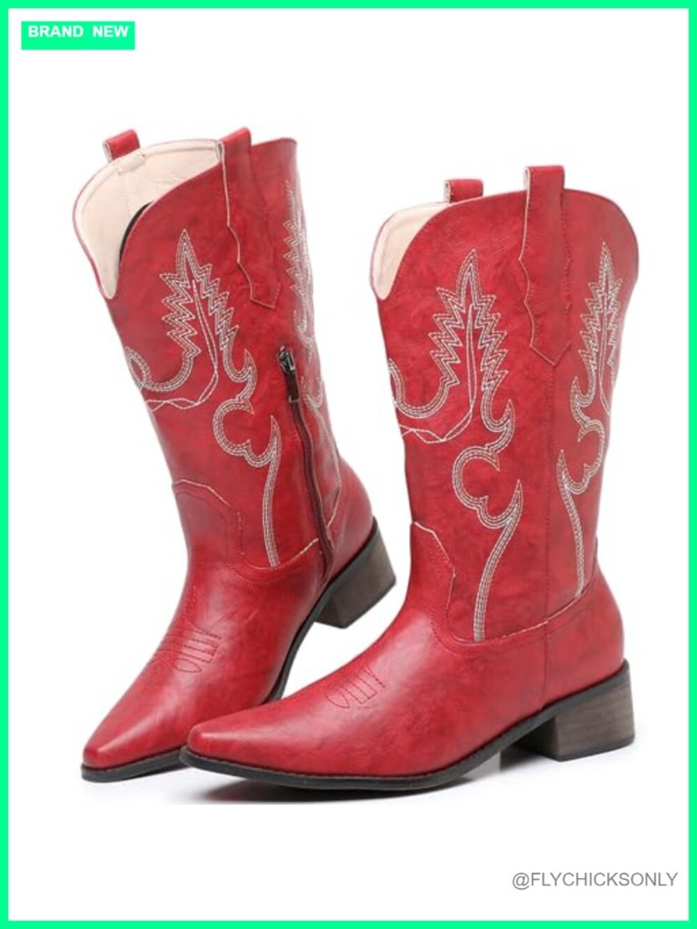 Embroidered Western Cowgirl Boots Chunky Heel Pointed Toe Mid Calf Pull On